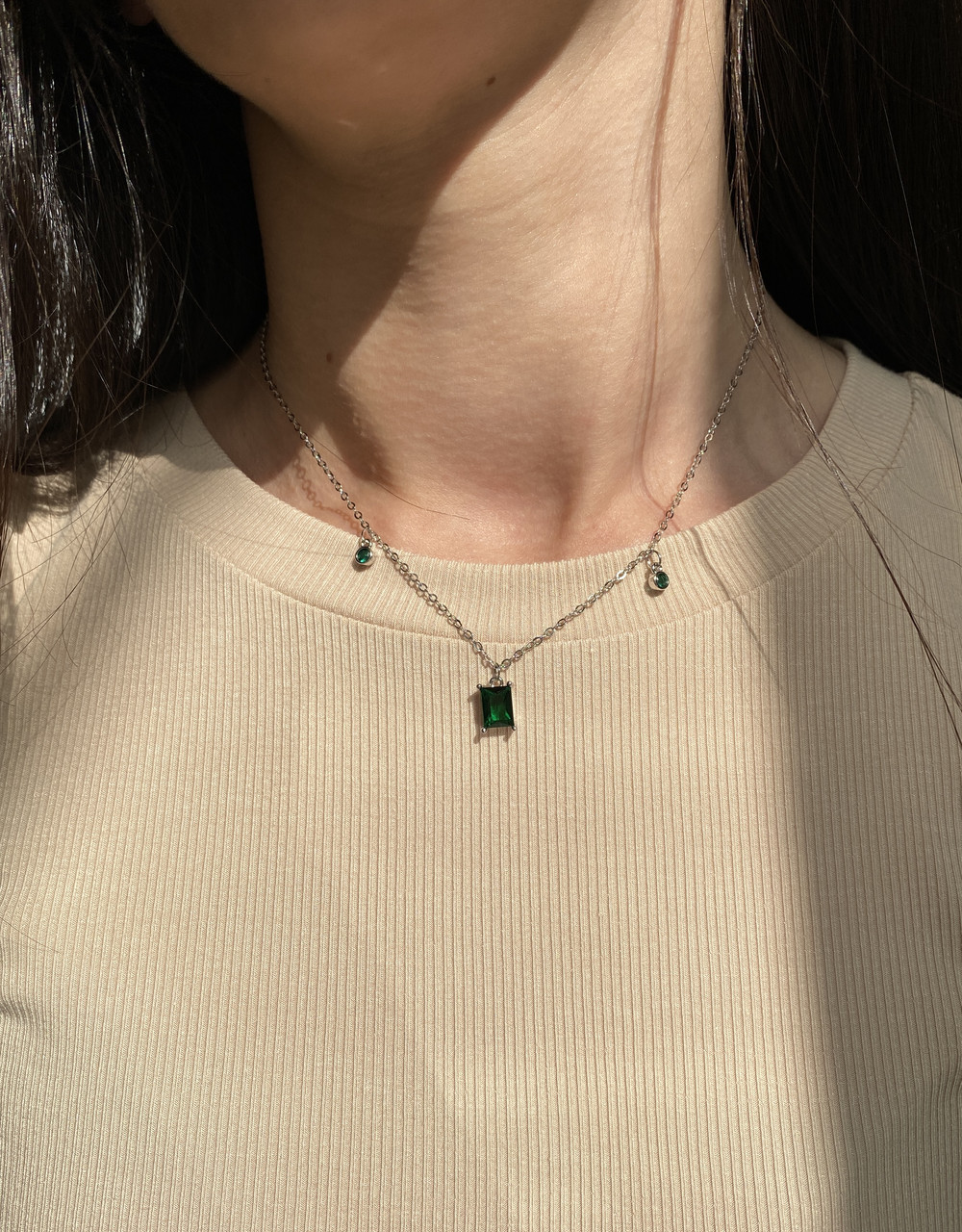 Підвіска Смарагд із прямокутним темно-зеленим фіанітом, покриття 925 проби, довжина 40.5+4.5 см, фото 1