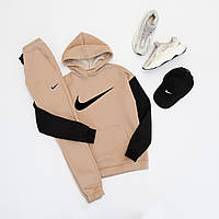 Спортивный костюм зимний Nike мужской беж на флисе| комплект теплый с начесом | Худи + Брюки + Кепка