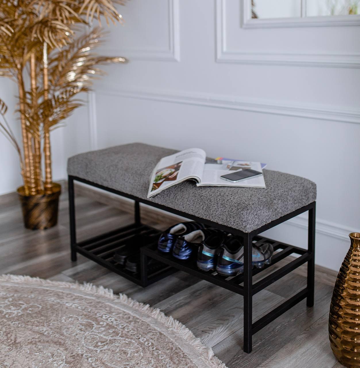 Банкетка в стилі LOFT із сірого велюру букле на металевому каркасі з поличками для взуття., фото 1