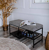 Банкетка в стилі LOFT із сірого велюру букле на металевому каркасі з поличками для взуття.