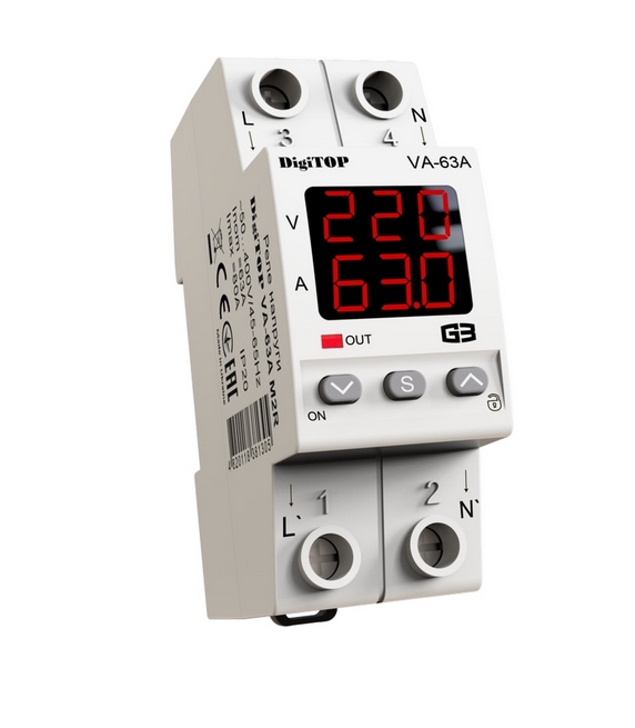 Реле напруги з контролем струму VA-63A M2R A DigiTOP (червоний індикатор), фото 1