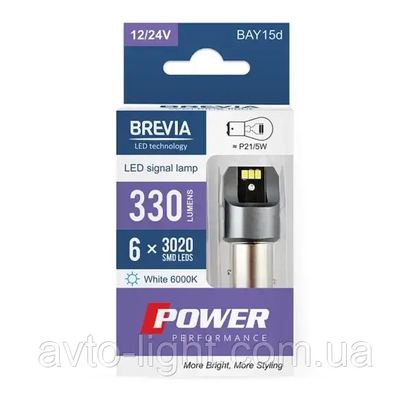 Brevia CANbus No10103 (2шт) 12/24V T25 Білий P21/5W 6x3020SMD 330 Lm 6000K