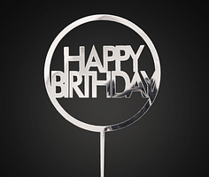 Топер дзеркальний для торта круглий пластиковий срібло Happy birthday