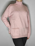 Cвитер вязаный женский тёплый цвет пудра OVER SIZE свободного фасона со стойким воротником и карманами