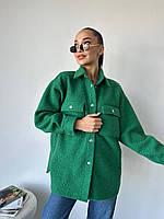 Модная женская теплая плотная шерстяная куртка-рубашка букле на кнопках с карманами Цвет Зелёный