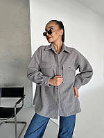 Модная женская теплая плотная шерстяная куртка-рубашка букле на кнопках с карманами Цвет Серый