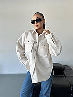 Модная женская теплая плотная шерстяная куртка-рубашка букле на кнопках с карманами Цвет Молочный