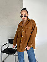 Модная женская теплая плотная шерстяная куртка-рубашка букле на кнопках с карманами Цвет Коричневый