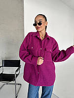 Модная женская теплая плотная шерстяная куртка-рубашка букле на кнопках с карманами Цвет Фуксия