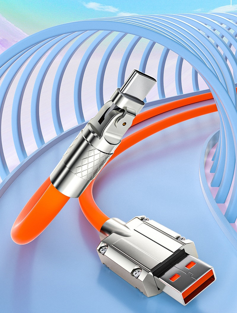 Кабель для быстрой зарядки USB Type-C 120w 6A (150 см) оранжевый, с подсветкой. Поворотный кабель Type-C 180° - фото 9 - id-p1980195053