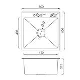 Кухонна мийка GAPPO GS5050 500×500 мм з нержавіючої сталі, з сифоном, коландером, шумопоглинаюча, врізна, фото 8