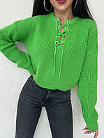 Теплый женский свитер с шнуровкой, ткань вязка (черный, розовый, молочный, малиновый, зеленый); размер: 42-46
