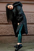 Длинное женское зимнее пальто стеганное с капюшоном и разрезами черное,48р
