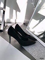 Женские туфли лодочки на высокой шпильке черные экозамша с острым носиком 38