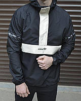 Спортивная мужская куртка ветровка черная с капюшоном Адидас, анорак демисезонный из плащевки Adidas