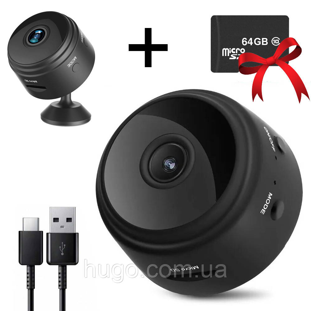 Беспроводная мини камера IP, FullHD 1080, A9 + Карта памяти на 64GB ...