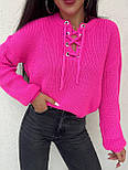 Жіночий вільний светр зі спущеним плечем і шнурівкою на грудях 9043284, фото 5