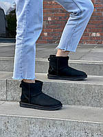 Угги Женские Ugg Black Metallic Suede ультра мини прошыты замша хутро черные