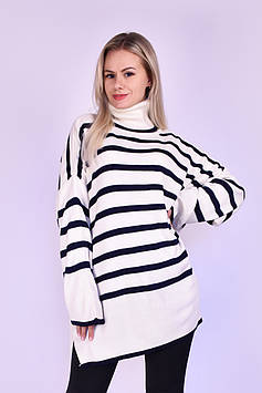 Жіночий широкий светр Оверсайз із трикотажу - акрил, білий у синю смужку Код/Артикул 24 526