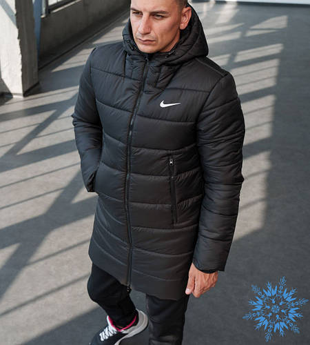 Куртка мужская зимняя Nike удлиненный теплый пуховик черный с капюшоном ...