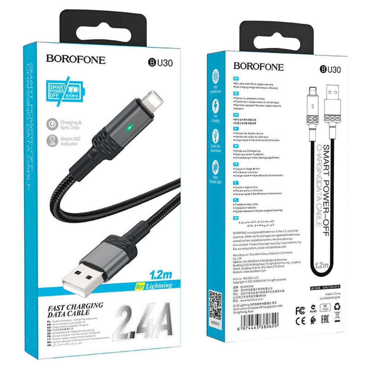 Кабель BOROFONE BU30 USB to iP, 2.4A, 1.2m, nylon, aluminum connectors, light indicator, Black - фото 4 - id-p1980743551