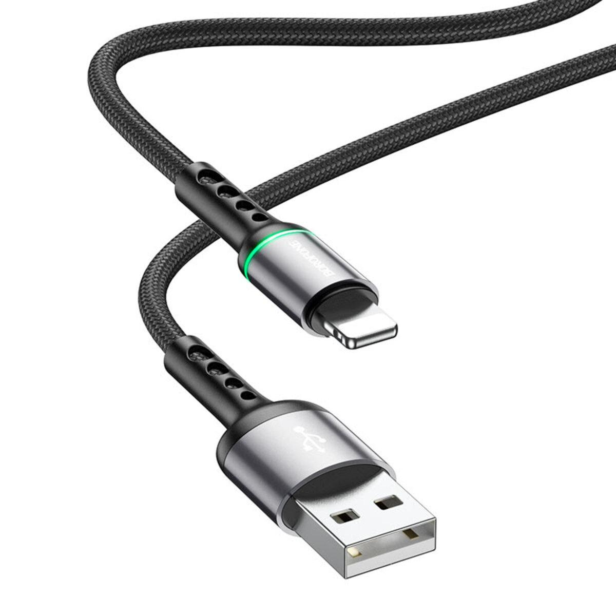 Кабель BOROFONE BU33 USB to iP 2.4A, 1.2m, nylon, aluminum connectors, light indicator, Black - фото 1 - id-p1980743557