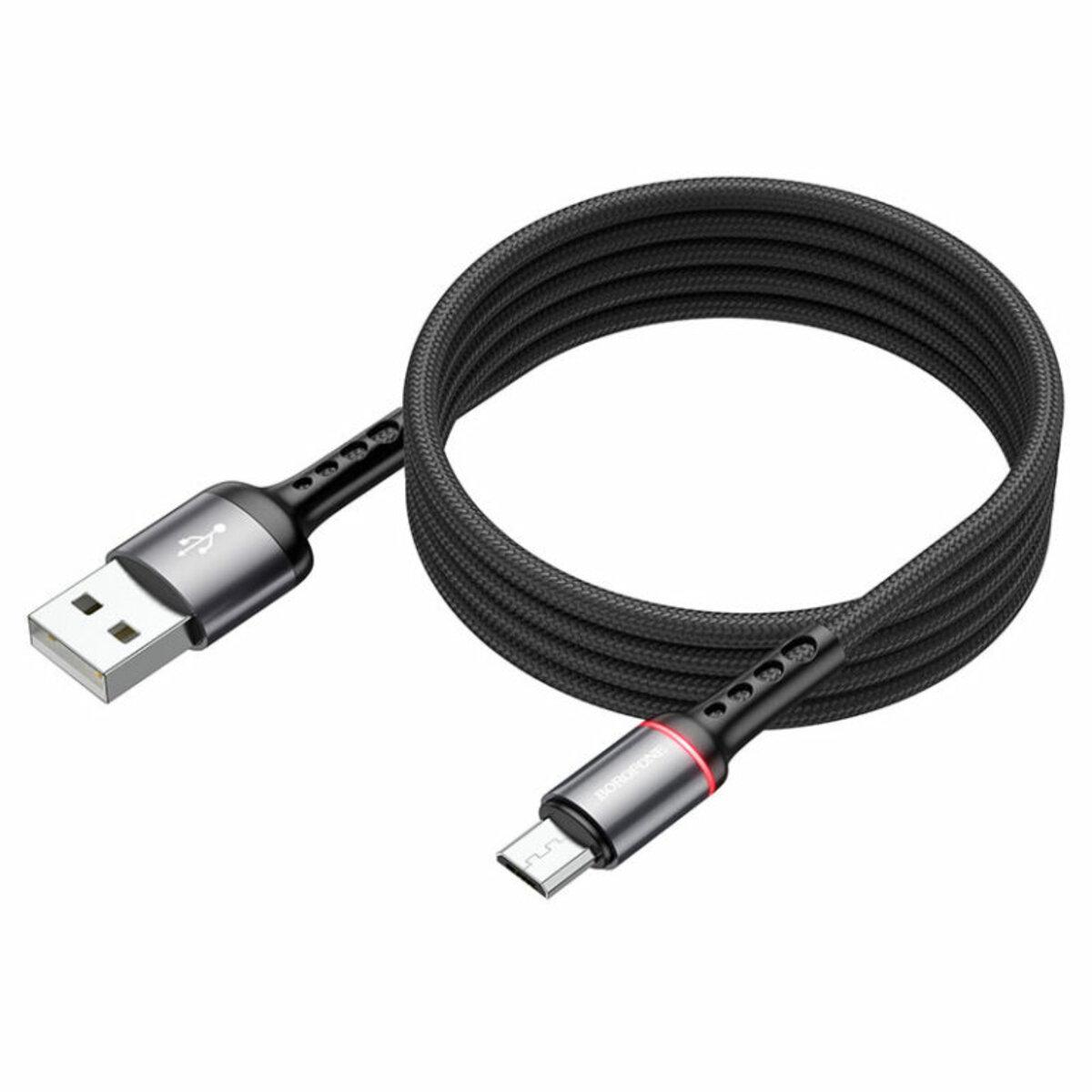 Кабель BOROFONE BU33 USB to Micro 2.4A, 1.2m, nylon, aluminum connectors, light indicator, Black - фото 2 - id-p1980743571