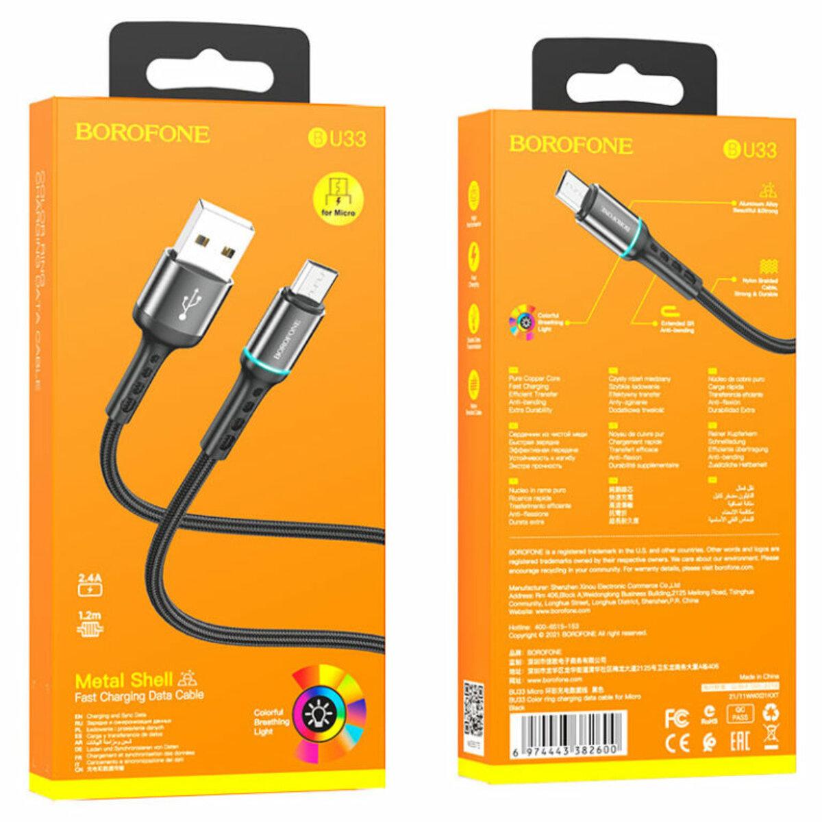 Кабель BOROFONE BU33 USB to Micro 2.4A, 1.2m, nylon, aluminum connectors, light indicator, Black - фото 4 - id-p1980743571