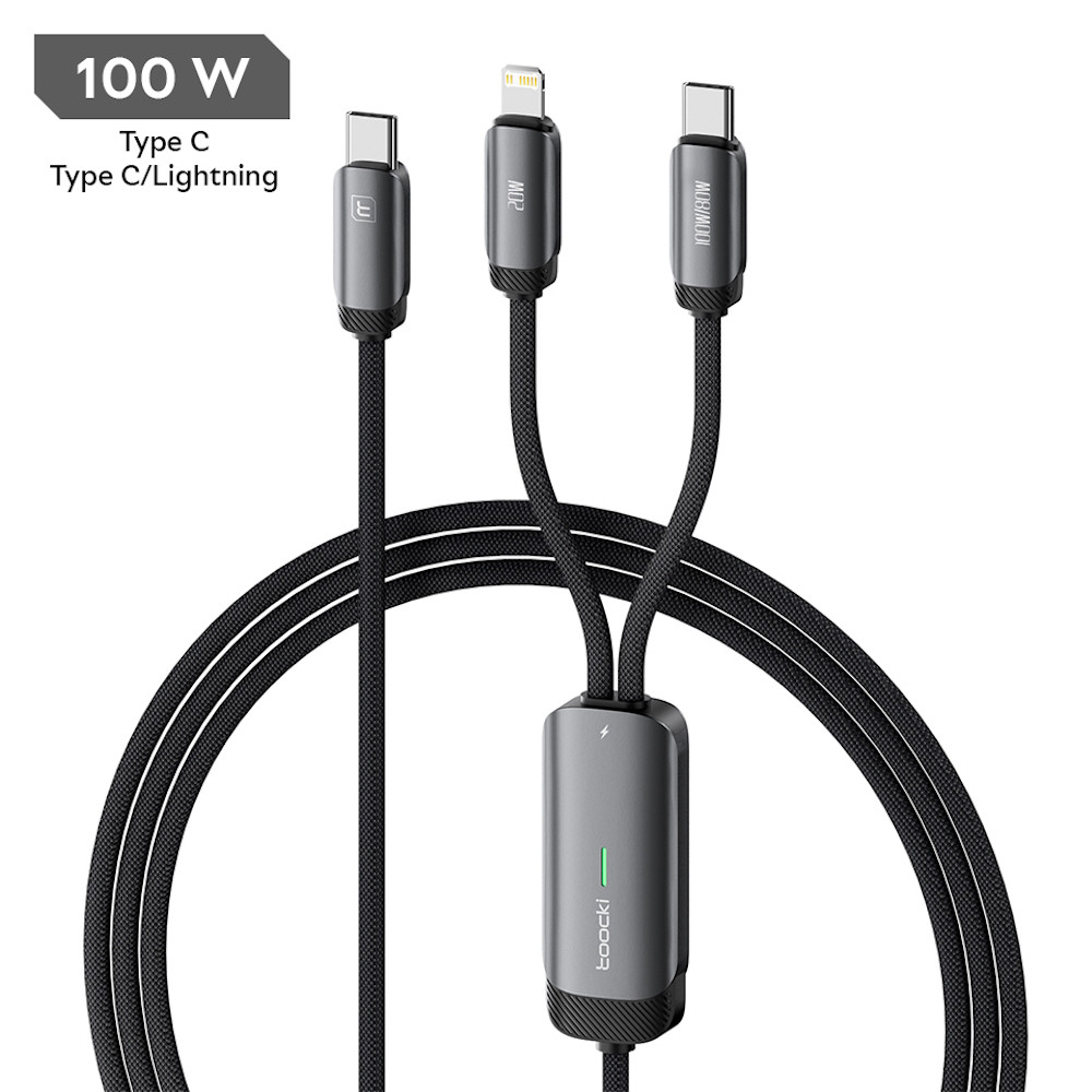 Кабель подвійний із швидкою зарядкою Toocki PD100W, Type C to Type C/Lightning - 1.2 м, Grey EXP