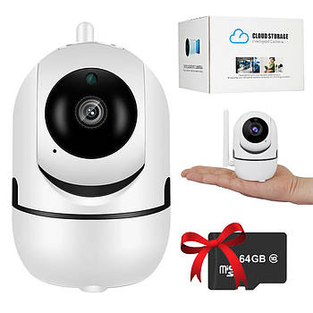 Бездротова IP камера + Карта пам'яті 64GB / Поворотна камера відеоспостереження з WIFI та ІЧ підсвічуванням