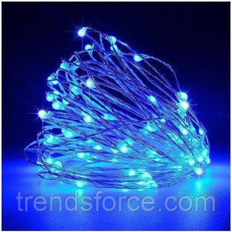 Гірлянда 100 Led 10M Крапля роси на мідному дроті працює від батарейок, світло синій 207180