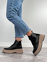Демісезонні жіночі шкіряні ботинки чорного кольору, трендові жіночі черевики на шнурівці