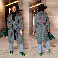 Теплое женское пальто серо-зеленое в клетку больших размеров 66/68