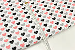 Польська бязь із серцями сірими, чорними та кораловими на білому тлі No631, фото 5