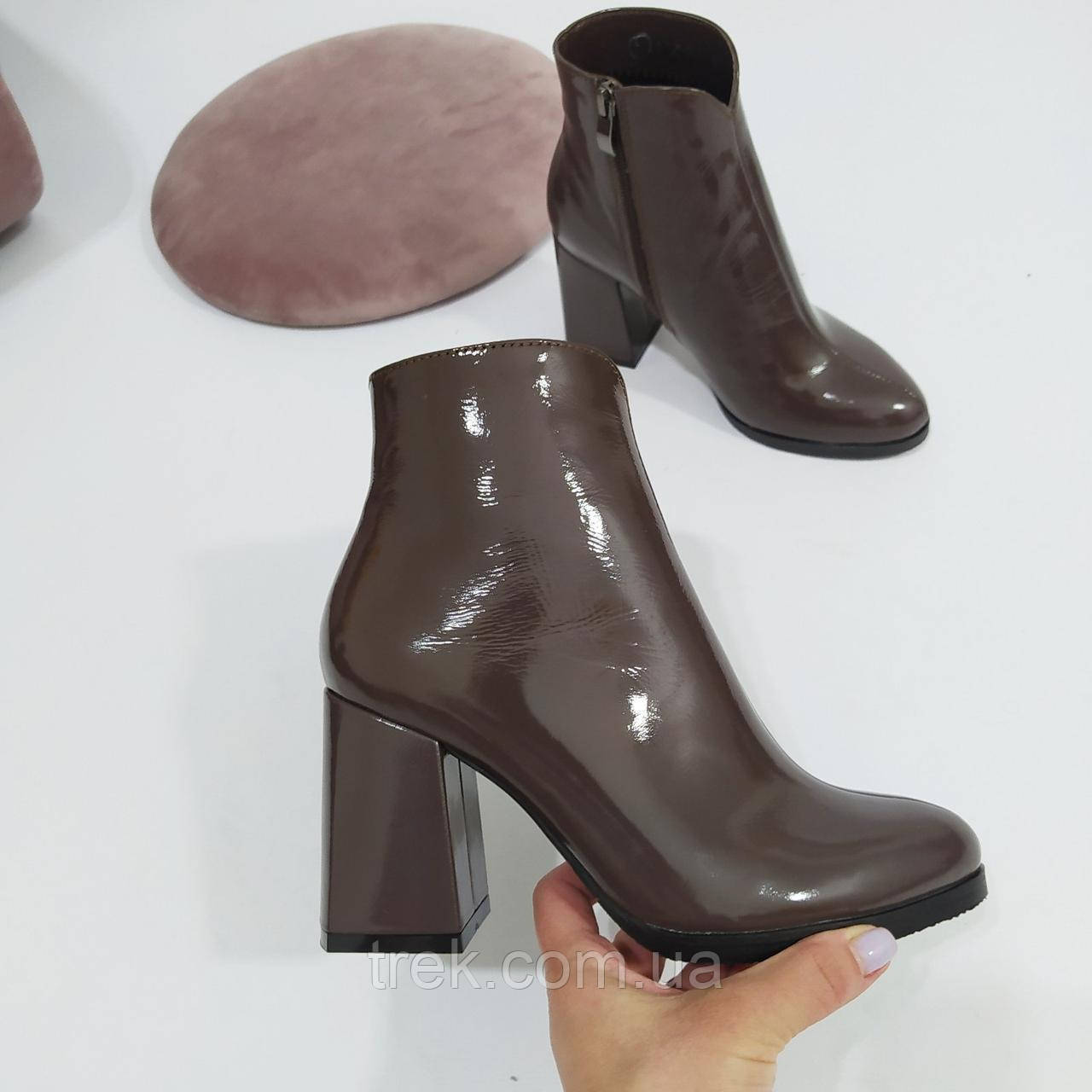 Черевики шкіряні лакові на каблуку коричневі /22124/ 40р, фото 1