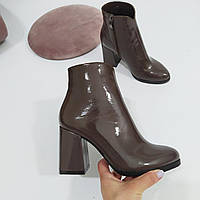 Черевики шкіряні лакові на каблуку коричневі /22124/ 40р