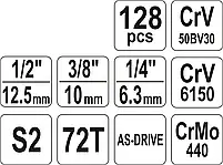 Набір головок торцевих YATO : квадрат 1/2", 3/8", 1/4" з інструментами, насадками. 128 шт. [2], фото 5