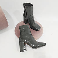 Черевики шкіряні лакові на каблуку сірі /22125/ 39р