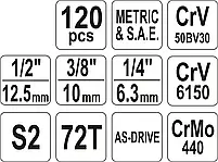 Набір головок торцевих YATO : квадрат 1/2", 3/8", 1/4" з інструментами, насадками. 120 шт. [2], фото 5