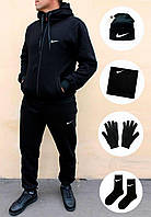 Мужской зимний спортивный костюм Nike на флисе черный | Теплый набор Найк 5в1 шапка + баф + перчатки + носки M