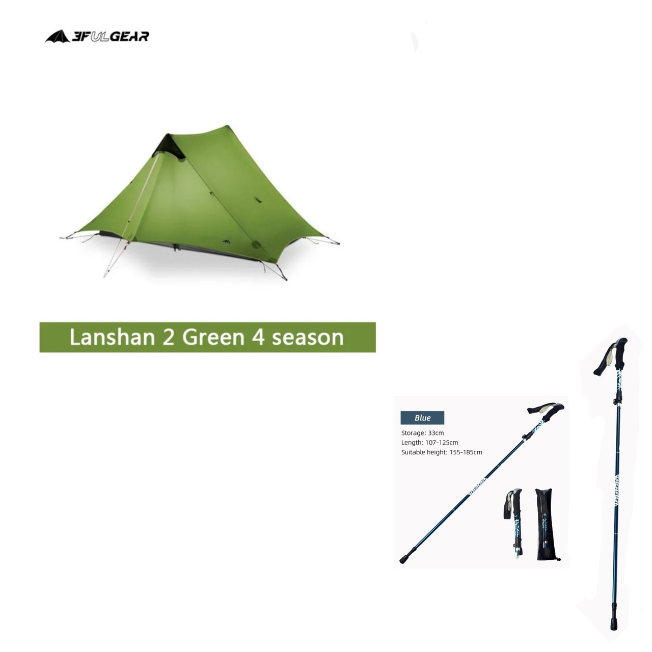 Намет 4 сезона 3F Ul Gear Lanshan 2 + 2 трекінгові палиці блакитного кольору. Загальна вага: 1655г