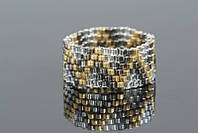 Кільце каблучка широка ручної роботи із золотистого та сріблястого бісеру "Золоте срібло"