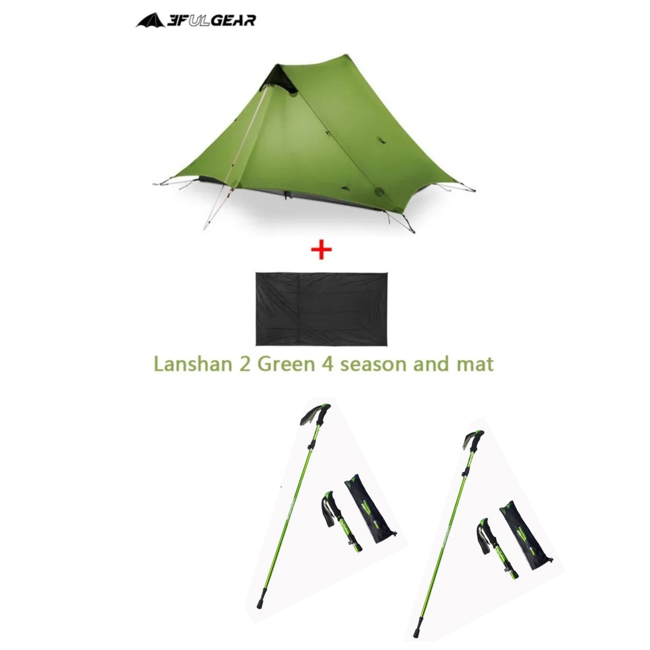 Намет 4 сезони 3F Ul Gear Lanshan 2. Вага: 1155г + футпринт вагою 142г + 2 трекінгові палиці зелені вагою 500г