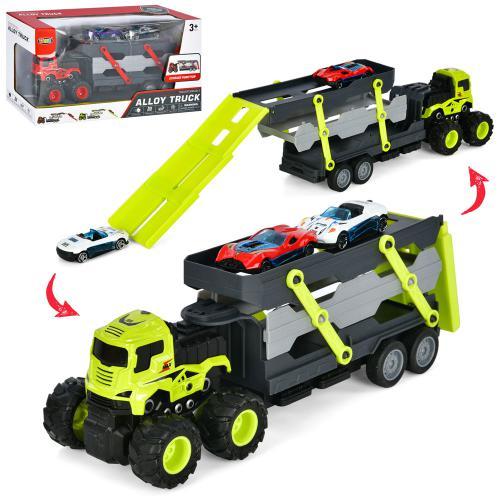 KMH2105 Трейлер інерція, 29 см, причіп, рухомі деталі, машинка 2штуки 7 см, 2 кольори, у коробці