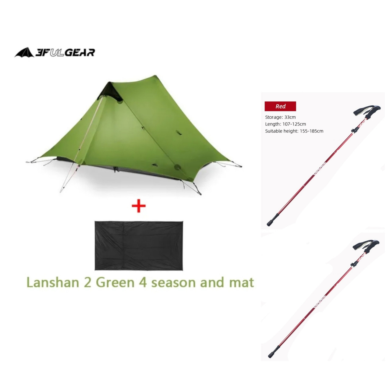 Намет 4 сезона 3F Ul Gear Lanshan 2 + футпринт + 2 трекінгові палиці червоного кольору. Загальна вага: 1800г