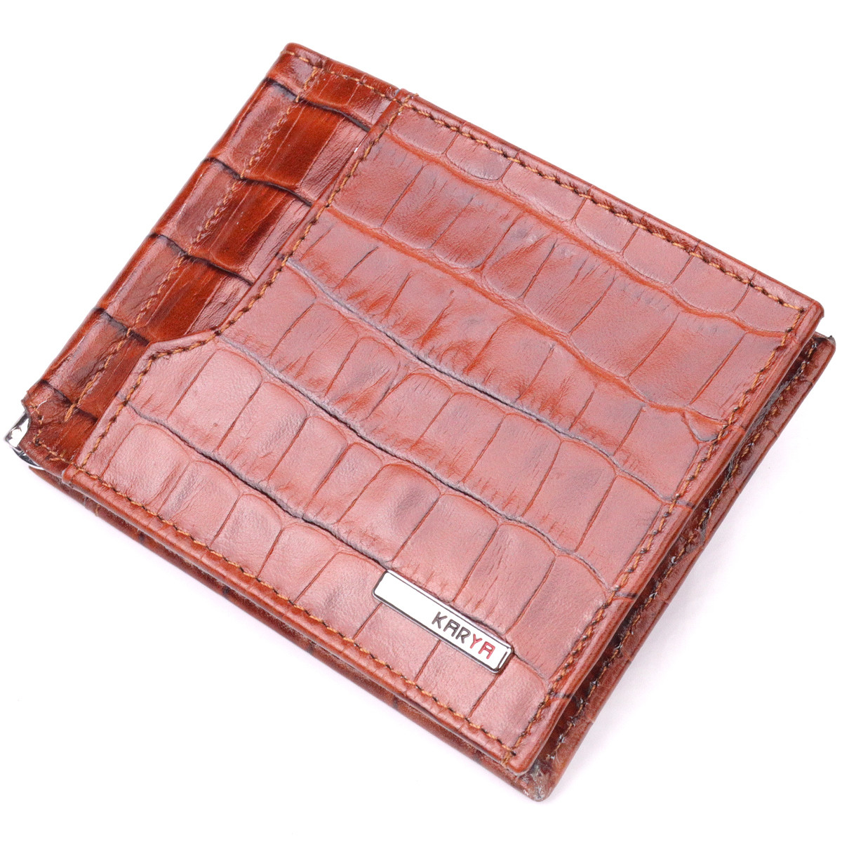 Фактурний затискач для чоловіків з натуральної шкіри з тисненням під крокодила KARYA 21418 Рудий, фото 1