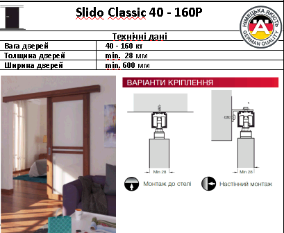 Розсувні системи Slido Classic 40 — 160P без амортизатора