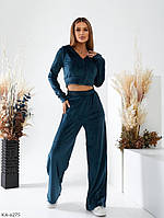 Велюровый спортивный костюм женский красивый стильный молодежный короткая кофта-топ и расклешенные брюки