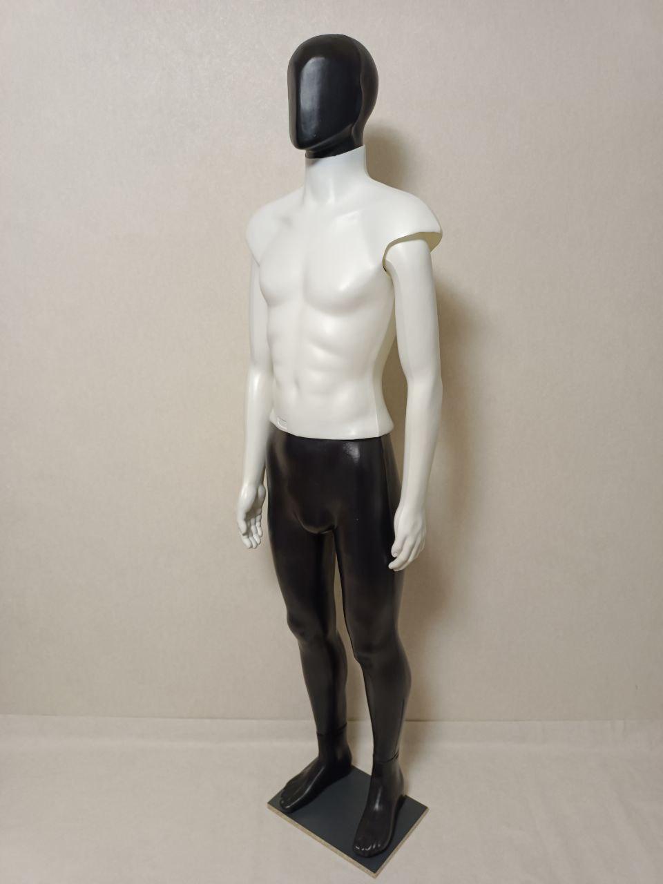 Манекен чоловічий з чорною головою білим торсом та чорними ногами (на дерево-плиті) безликий, фото 1