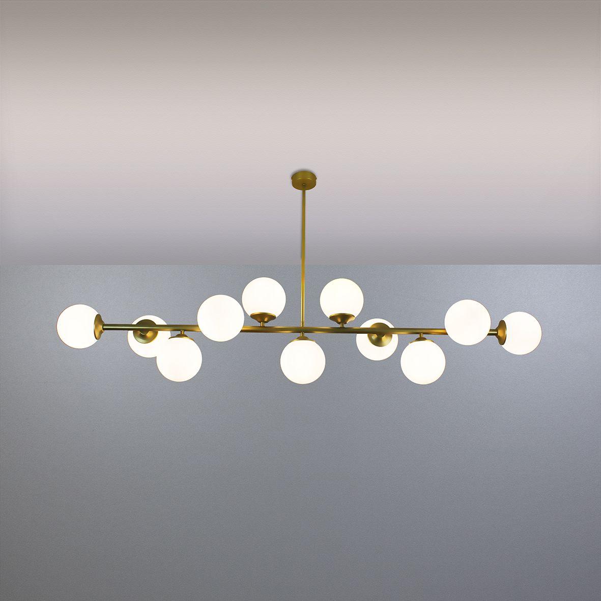 Люстра на штанзі колір золото металева 11 скляних білих плафонів E14 145х67 см